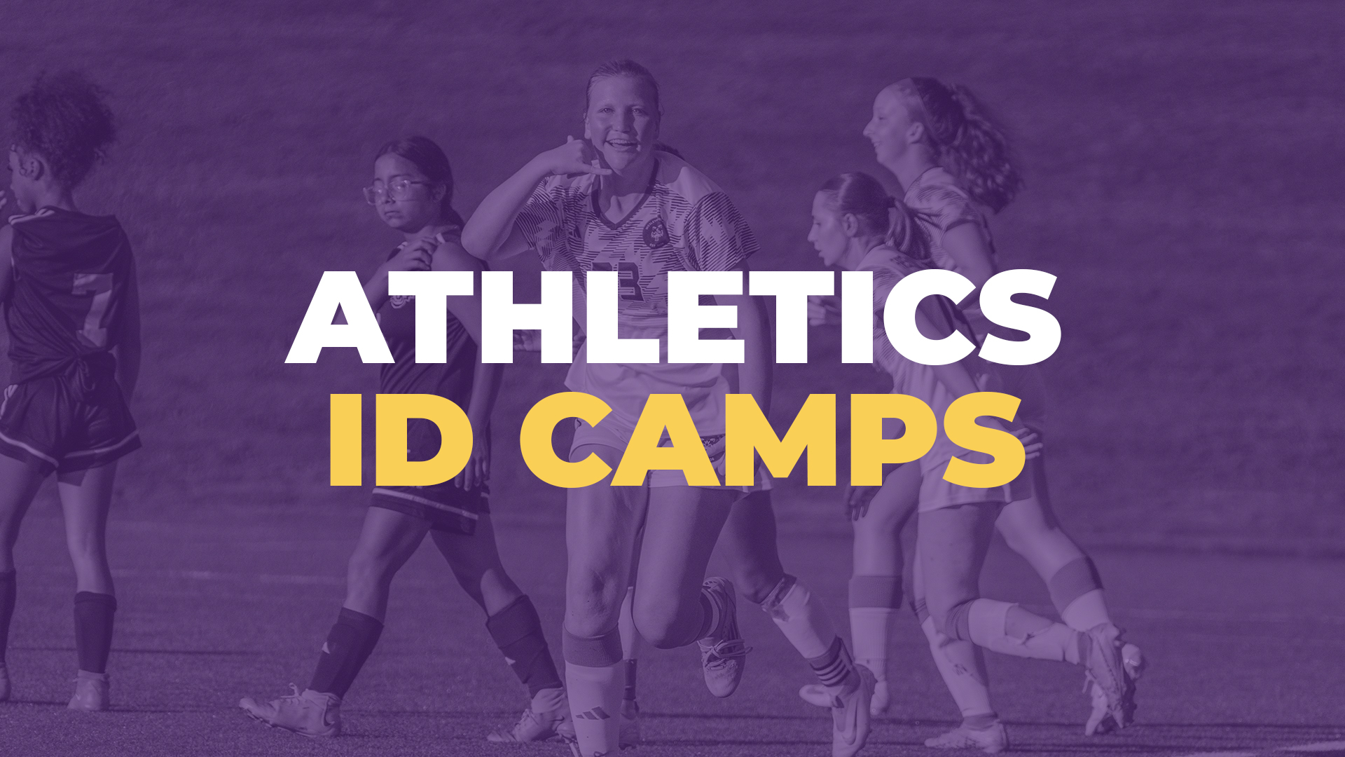 Soccer Player smiling at camera with overlaying text reading &quot;Athletics ID Camps&quot;