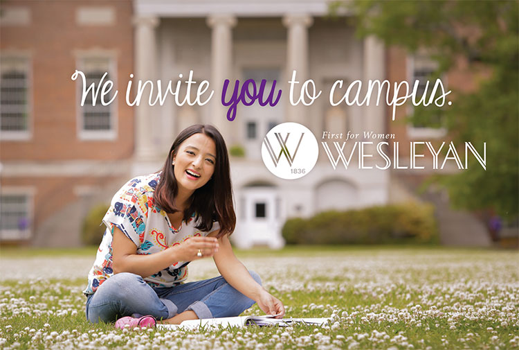 Student sits in lawn with text that says Welcome to Wesleyan.